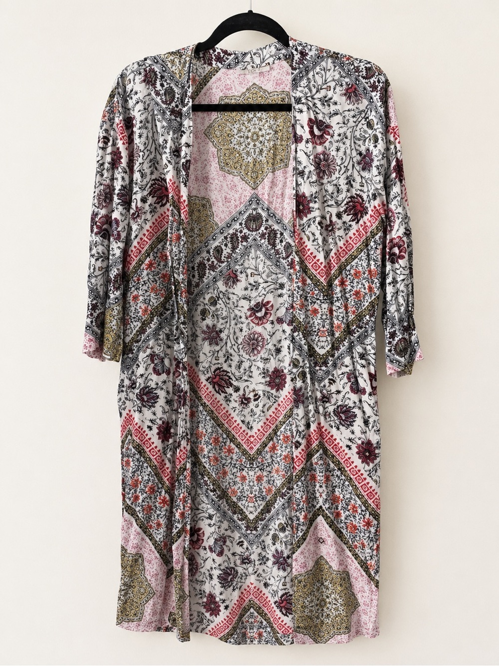 Loft Duster with Floral & Chevron Motif - Pink, Olive & Black M/L